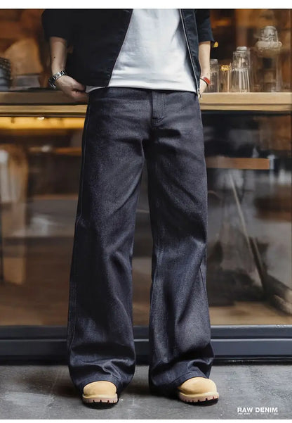 Vintage 15.6oz Selvedge Raw Denim Jeans Heavyweight Blue Loose Fit Wide-Leg Jeans Zip Fly Cotton Trousers for Spring Fall