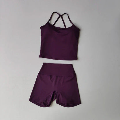 Women's yoga exercise set, popular slim shoulder yoga vest paired with high waisted, waist hugging, naked yoga three part shorts