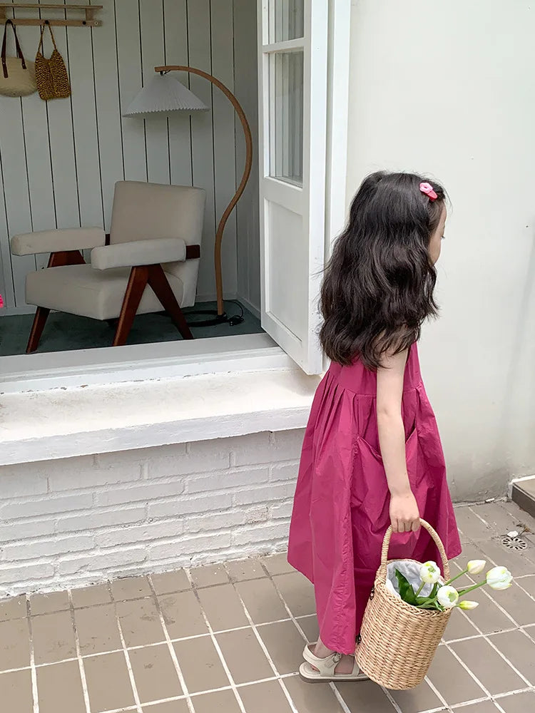 2026 New Summer Children Girls Sleeveless Dress Teen Solid Color Cotton Loose Casual Sundress Kids Vacation Style Princess Dress