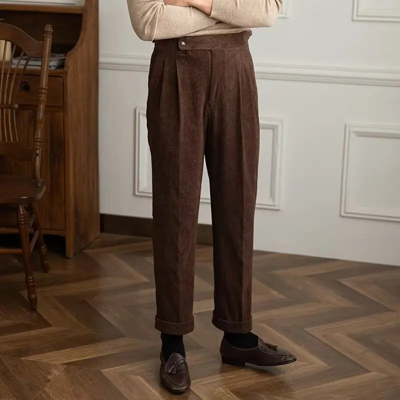 Classics Italian Naples Style Men's Suit Corduroy Pants Men High Waist Straight Work Formal British Business Brand Trousers Male