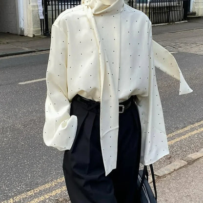 Satin Scarf Neck Polka Dot Printing Women Blouse Fashion Full Sleeve Loose Basic Shirt Lady Spring Highstreet Commute Wears New