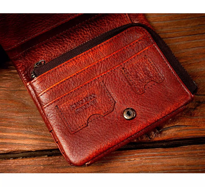 Men's Hand-Rubbed Genuine Leather Short Wallet Top-Grain Vegetable-Tanned Zipper Wallet with Driver's License Card Holder