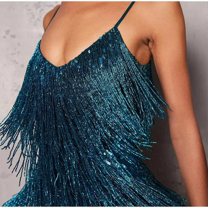 2025 New Sexy Tassel Sequins Feather Mini Dress Women Spaghetti Strap Stitching Dresses Female Elegant Evening Party Club Dress