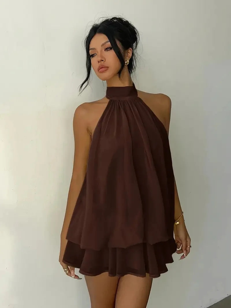Women's Halter Neck Dress, Backless Tie-Front Chiffon Sheer Mini Skirt, Fashionable Sexy Y2K Vintage Cute Party Birthday Dress