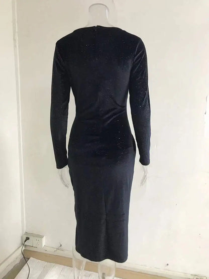 New Cross border Evening Dress Sexy Open Leg Long Sleeve Mid length Dress Golden Velvet Nightclub Dress