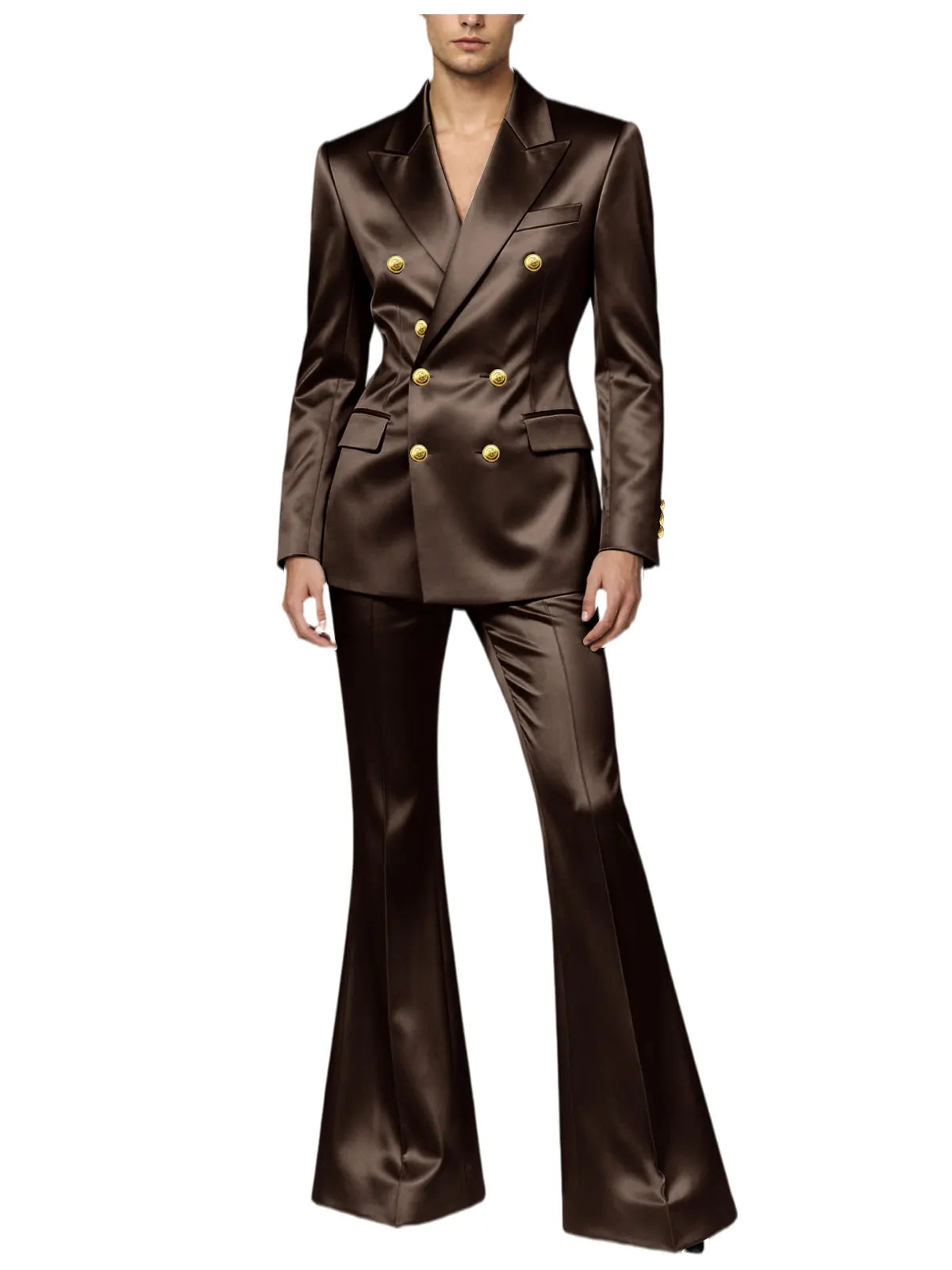 Men's Double Breasted Satin Suit Set 2 Piece Notch Lapel Gold Button Blazer Flare Pants Formal Wedding Prom Party Groom Outfit