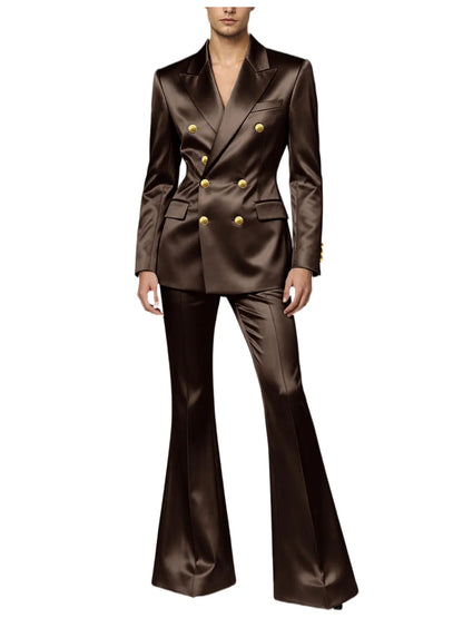 Men's Double Breasted Satin Suit Set 2 Piece Notch Lapel Gold Button Blazer Flare Pants Formal Wedding Prom Party Groom Outfit