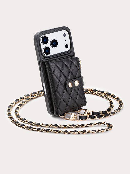 Lingge Double Button Fragrant Wind Phone Case, Change Card Bag, Quilted Leather Cover, Suitable for Apple 17/16/15/14/13/12/11
