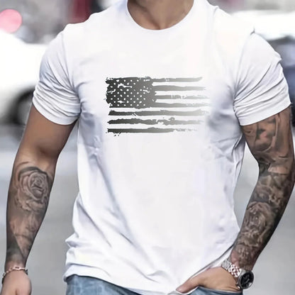Men's summer 100 cotton fashionable casual loose plus size American flag printed sports round neck short sleeved T-shirt top