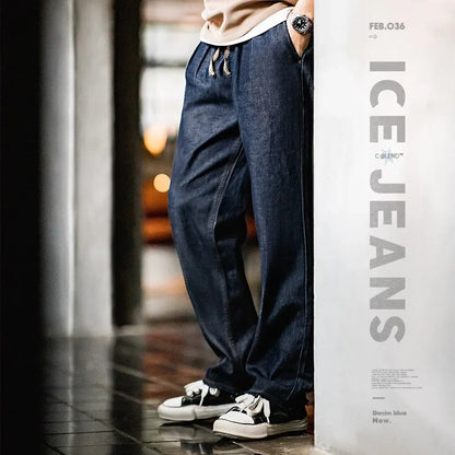 Autumn Casual Jeans for Men Washed Double Pleated Baggy Straight Denim Trousers Mid-rise Zipper Wear-resistant Jeans