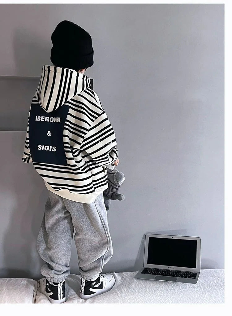 Spring Autumn School Kids 2PCS Tracksuit Boys Loose Striped Sweatshirt+Gray Sweatpant Workout Sets Child Jogger Outfits 9-16 Yr
