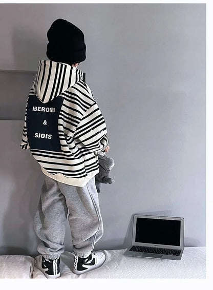 Spring Autumn School Kids 2PCS Tracksuit Boys Loose Striped Sweatshirt+Gray Sweatpant Workout Sets Child Jogger Outfits 9-16 Yr