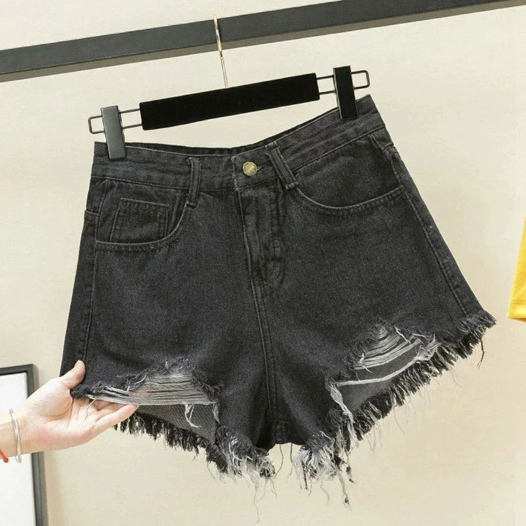 Summer Women Ripped Washed Hole Hight Waist Denim Pants Short Bermuda Pant Casual Tassel Tight Five-point Stitch Street Pants