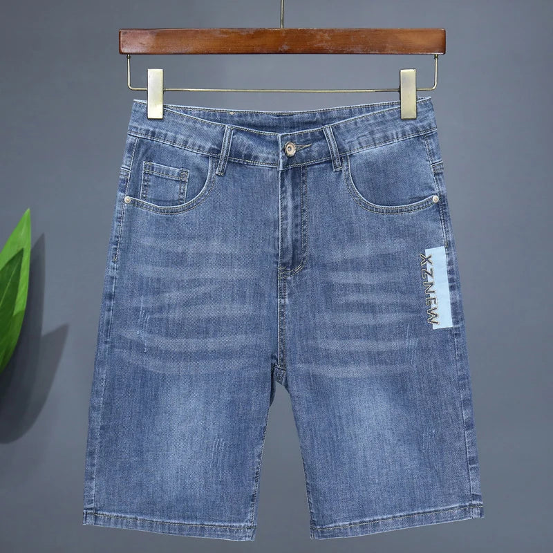 Summer Thin Men's Embroidered Denim Shorts Fashion Stretch Slim Breathable Straight Jeans Personality Bermuda Short Pants Male
