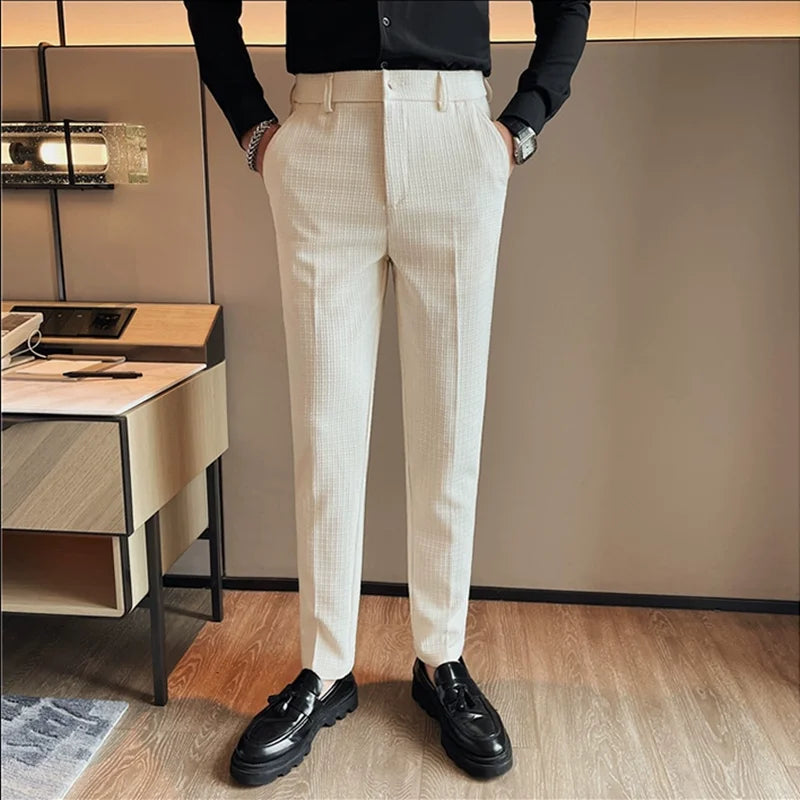 Men's Waffle Casual Pants Fashion Korean Stretch Waist Business Formal Pants Mens Social Party Suit Pants Streetwear Pencil Pant