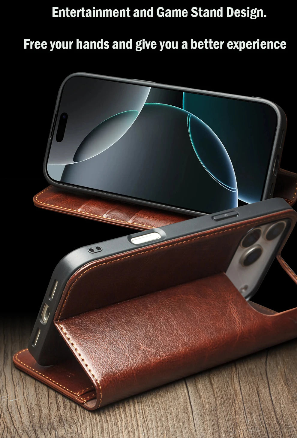 Genuine Leather Flip Case for iPhone 17 Bracket Handmade Business Cover with Card Slots for iPhone 17 Pro Max/17 Air