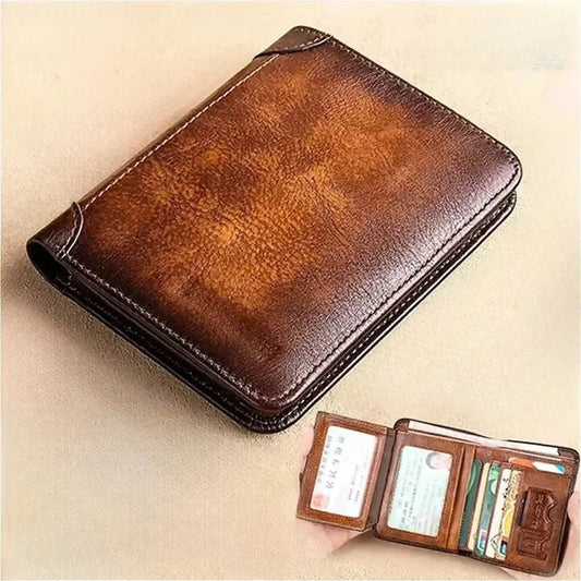 Portefeuille Homme en Cuir Véritable avec Blocage RFID, Pliage à Trois Volets, Fin, Court, Multifonctionnel, Porte-Cartes d'Identité et de Crédit, Porte-Monnaie pour Homme
