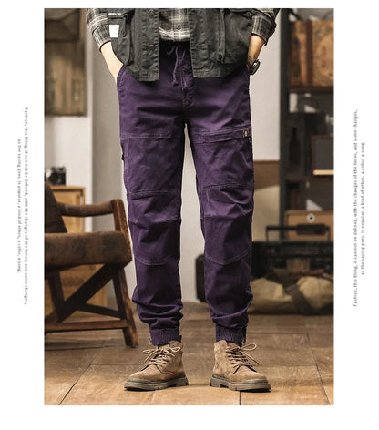Cotton Men's Cargo Pants Elastic Waist Stretch Trouser Male Multi Pocket Casual Jogger Fit Ankle Length Zipper Purple Drawstring