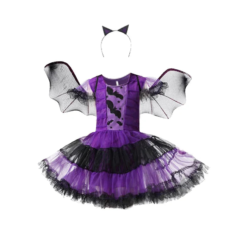 Halloween Costume for Kids Girls Purple Bat Dress Halloween Fantasy Vampire Costume Witch Cosplay Clothes Carnival Party Gifts