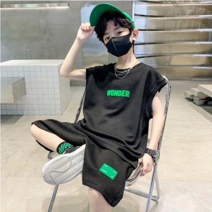 Summer Boys Waffle Alphabet Sleeveless t-Shirt Tops+Short Pants Set School Kids Tracksuit Child 2PCS Outfit Jogger Suit 5-16 Yrs