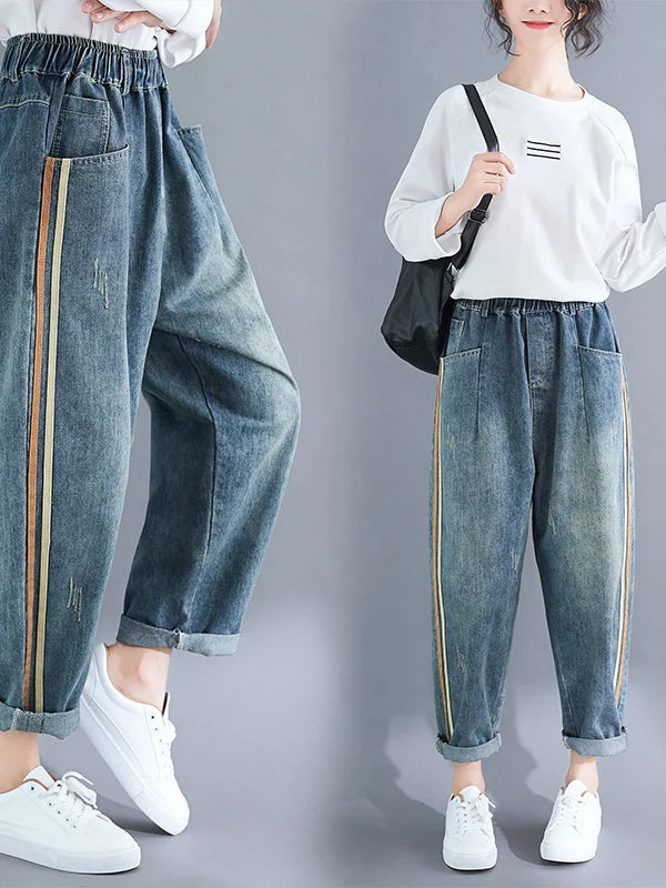 Large Size Artistic Faded Denim Jeans Women's Side Stripe Harlan Long Pants Spring Faion High Waist Regular Thin