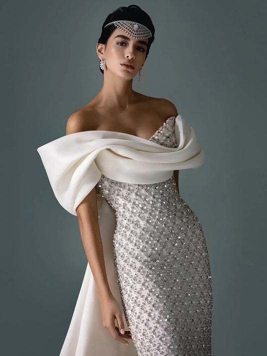 Customized Evening Dresses Exquisite Sexy Classic Jersey Pattern Sequined Straight Boat Neck Long Dress High Quality Prom Gown
