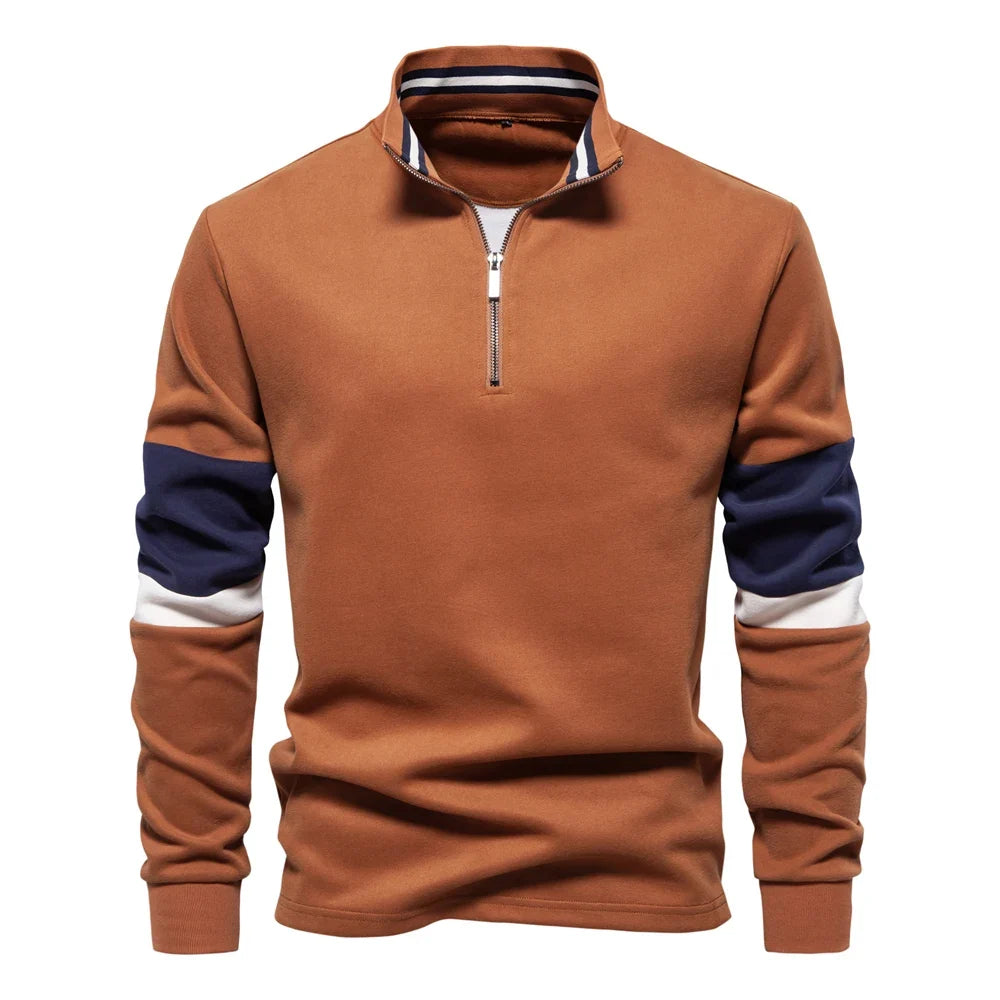 Mens Mock Neck Quarter Zip Sweatshirts Patchwork  Fashion Pullover Cotton-blend Sweatshirt for Men