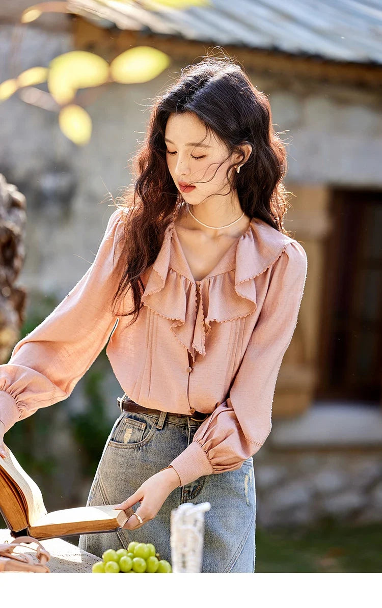 Lotus Leaf Collar Shirt Bubble Sleeves Pink Shirt for Women Spring 2025 Sweet Chiffon Top Temperament Shirts MXE12X1702