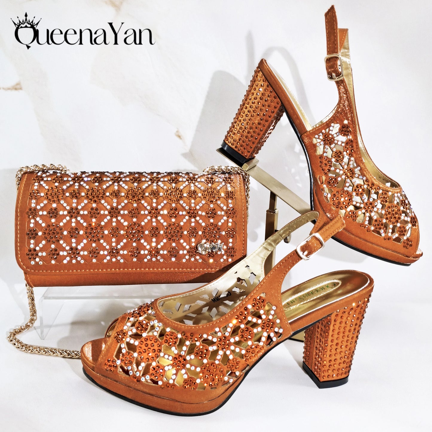 2025 New Rhinestone Design African-Inspired Shoe and Bag Set Olive Toe-Exposing Comfortable Women's High Heels Trending on INS