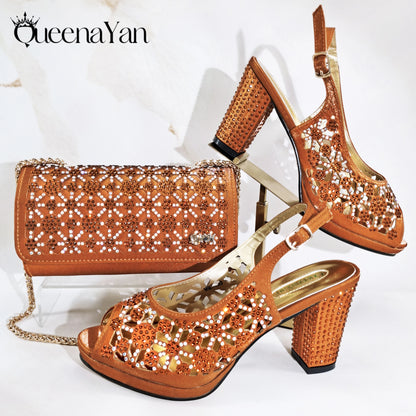 2025 New Rhinestone Design African-Inspired Shoe and Bag Set Olive Toe-Exposing Comfortable Women's High Heels Trending on INS