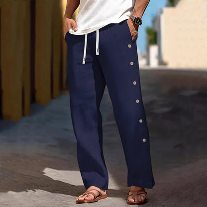 Men's Casual Cotton Linen Pants Drawstring Waist Side Button Decor Straight Leg Lightweight Breathable Summer Beach Trousers
