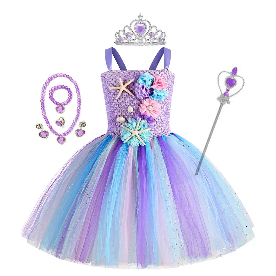 Girls Mermaid Tutu Dress Under the Sea Theme Birthday Party Carnival Costumes with Flower Headband Ocean Halloween Dresses 1-12Y