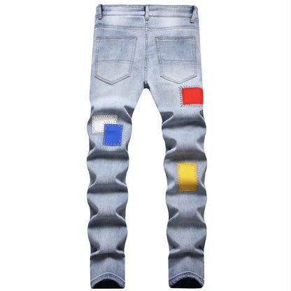 Men's Embroidered Jeans Rainbow Square Cloth Pure Cotton Stretch Slim Pants Scraped White Wearable High Street Color Patch 2025