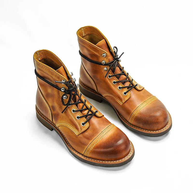 Durable Goodyear-Welted Motorcycle Rugged Heritage Boots Vintage Oil Genuine Leather 8111 Red Punk For Men Cowhide Mid-Cut Shoes