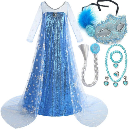New Sequined Blue Elsa Party Dress For Girl Role Play Princess Apparel Toddler up Birthday Festival Carnival Apparel Accessories