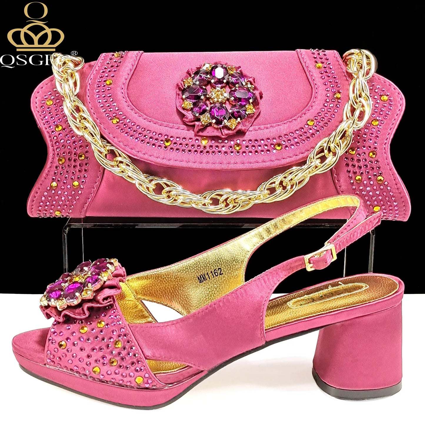 Open Toe Women Heels for 2024 Elegant Party Olive Color Diamond Pumps Italian Shoes and Bags Matching Set