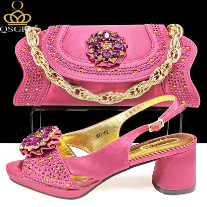 Open Toe Women Heels for 2024 Elegant Party Olive Color Diamond Pumps Italian Shoes and Bags Matching Set