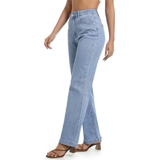 Girls Casual Loose Fit High Waisted Jeans Female Straight Leg Stretch Denim Pants Lady Comfortable Solid Basic Cheap Trousers