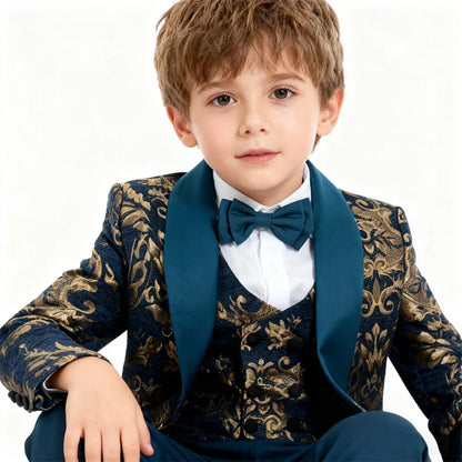 Gold Embroidery Suit Set for Boys 3-14 Yrs, Communion Suit Jacket Vest Pants Set, Stylish Shawl Neck Children Tuxedo