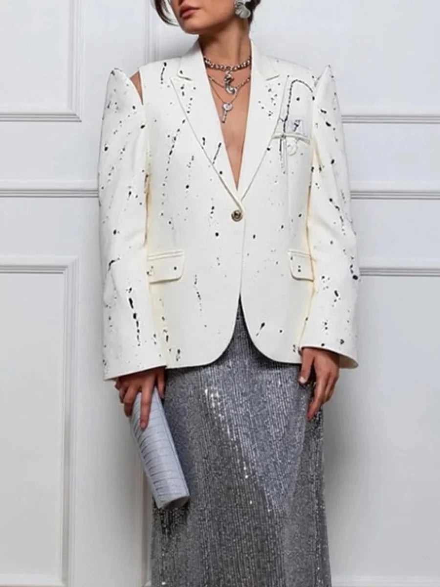 Ink Splashing Print Fashion Blazer for Women Notched Collar Long Sleeve Hollow Out Design Loose Coat Female Autumn