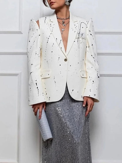 Ink Splashing Print Fashion Blazer for Women Notched Collar Long Sleeve Hollow Out Design Loose Coat Female Autumn