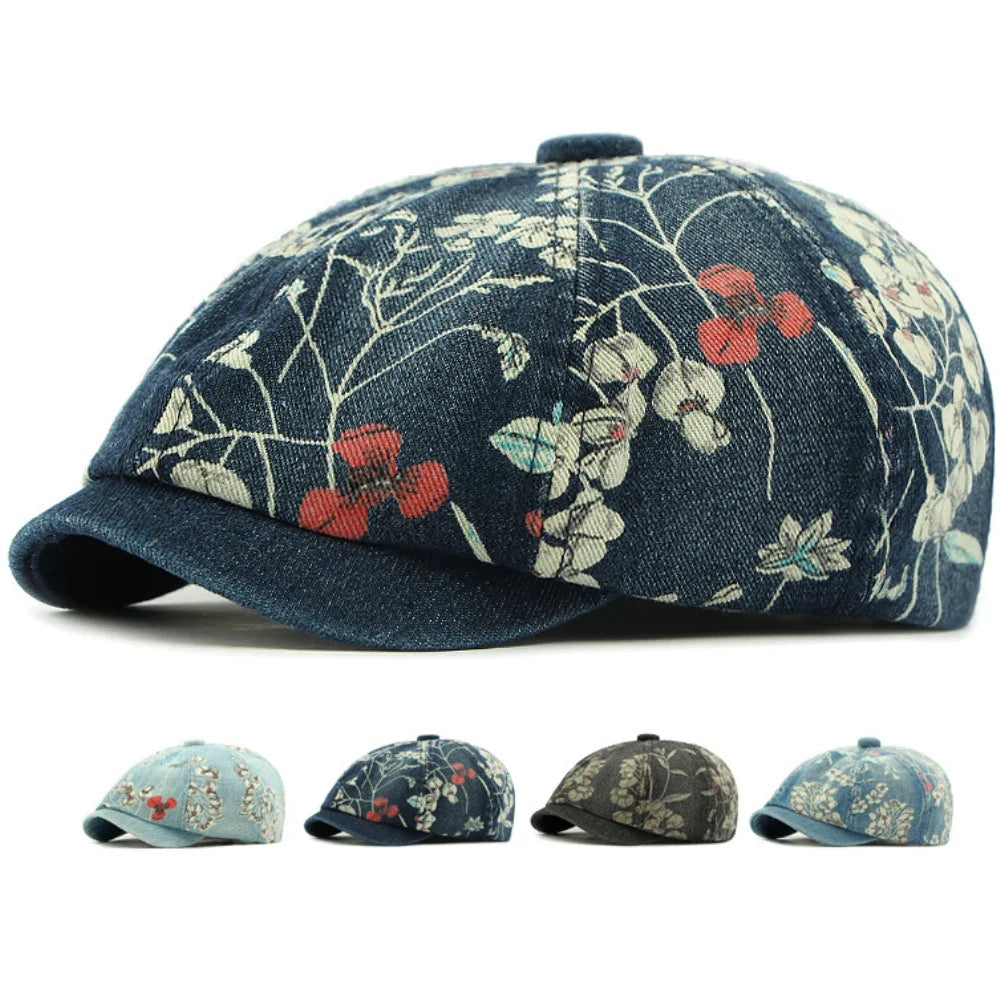 Beret Cap Spring Summer Autumn Men Women Cap Male Female Floral Artist Painter Beret Hat Denim Flat Cap Octagonal Berets