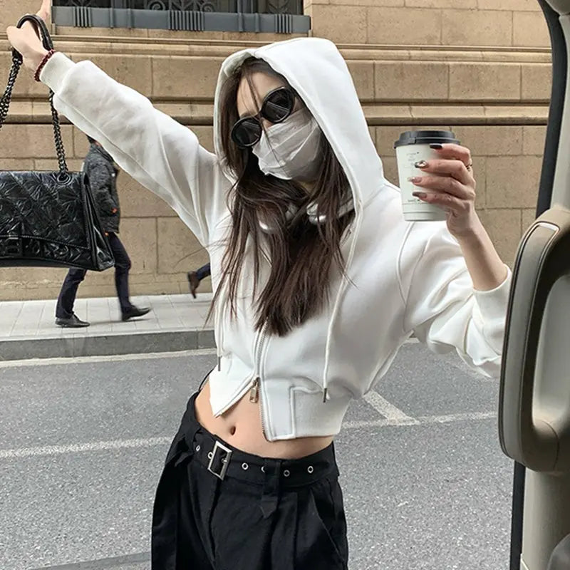 Casual Short Hooded Sweatshirt Women Zip Up Hoodies Mujer Solid Harajuku Long Sleeve Slim fit Crop Top Female Jackets Coat