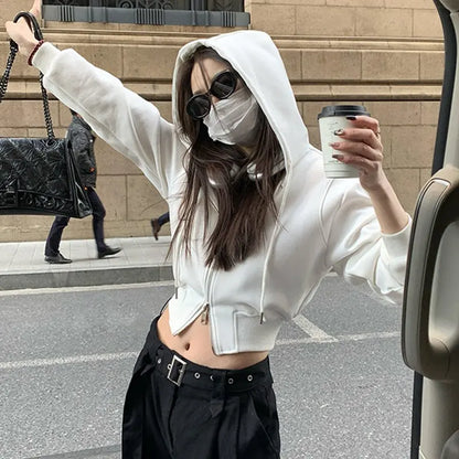 Casual Short Hooded Sweatshirt Women Zip Up Hoodies Mujer Solid Harajuku Long Sleeve Slim fit Crop Top Female Jackets Coat