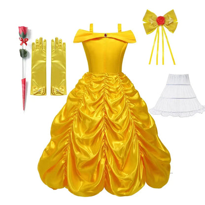 Off Shoulder Yellow Princess Dress for Kids Girl Belle Role Playing Clothing Fancy Carnival Party Birthday Ball Gowns Halloween