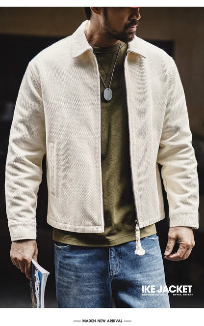 Men's Vintage White Jacket Heavyweight Cotton Turn-Down Collar Zip-Up Short Outwear Canvas Fitted Fit Spring Autumn Coat