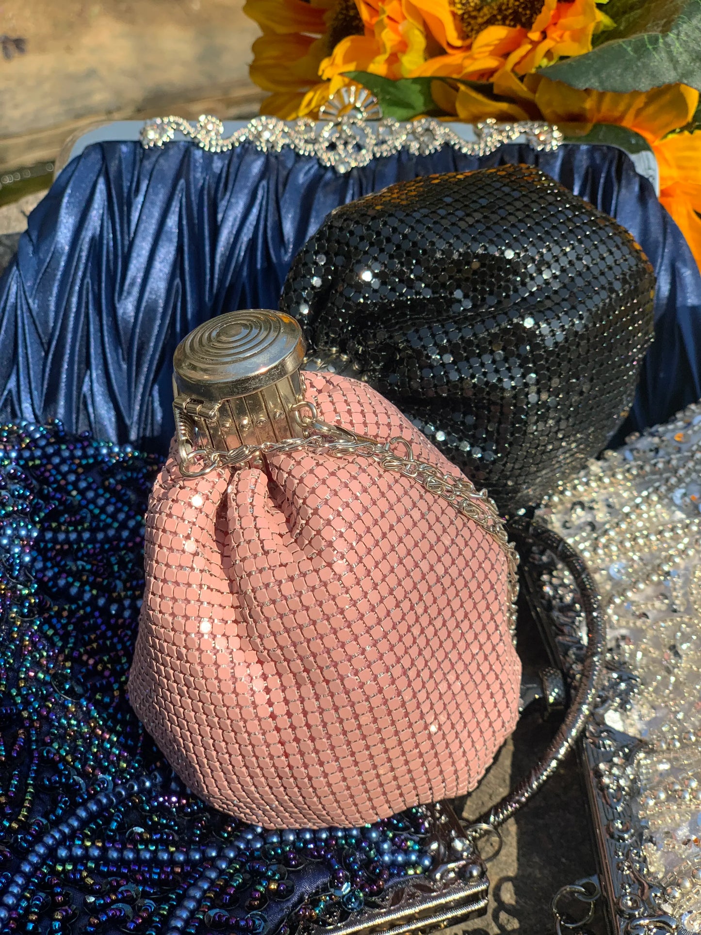 Lost in Vintage Glitter Sparking Evening Bag Handbag with Aluminum Pieces Crossbody Clutches Shoulder Metallic Chains