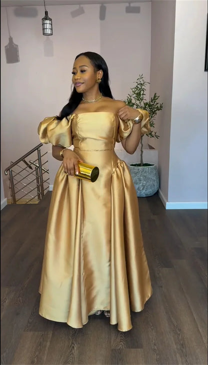 Elegant Dress for Women's Puff Sleeve Square Collar Gold Solid Pleated A-line Evening Party Cocktail Maxi Dresses