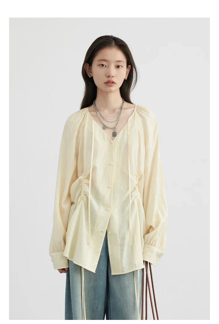 Women Loose Lace Up Shirt Solid New Korean V-neck Pleated Raglan Long Sleeved Blouses Female Tops Spring Summer 2026