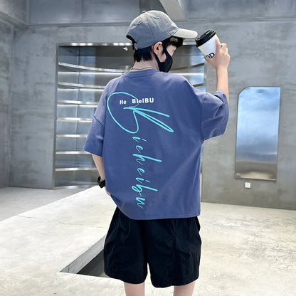 New Casual Boys Top and Bottom Clothes Set Summer Suit for Tween Children Clothing Kids Teenager Shorts Sleeve Tshirt Shorts Set